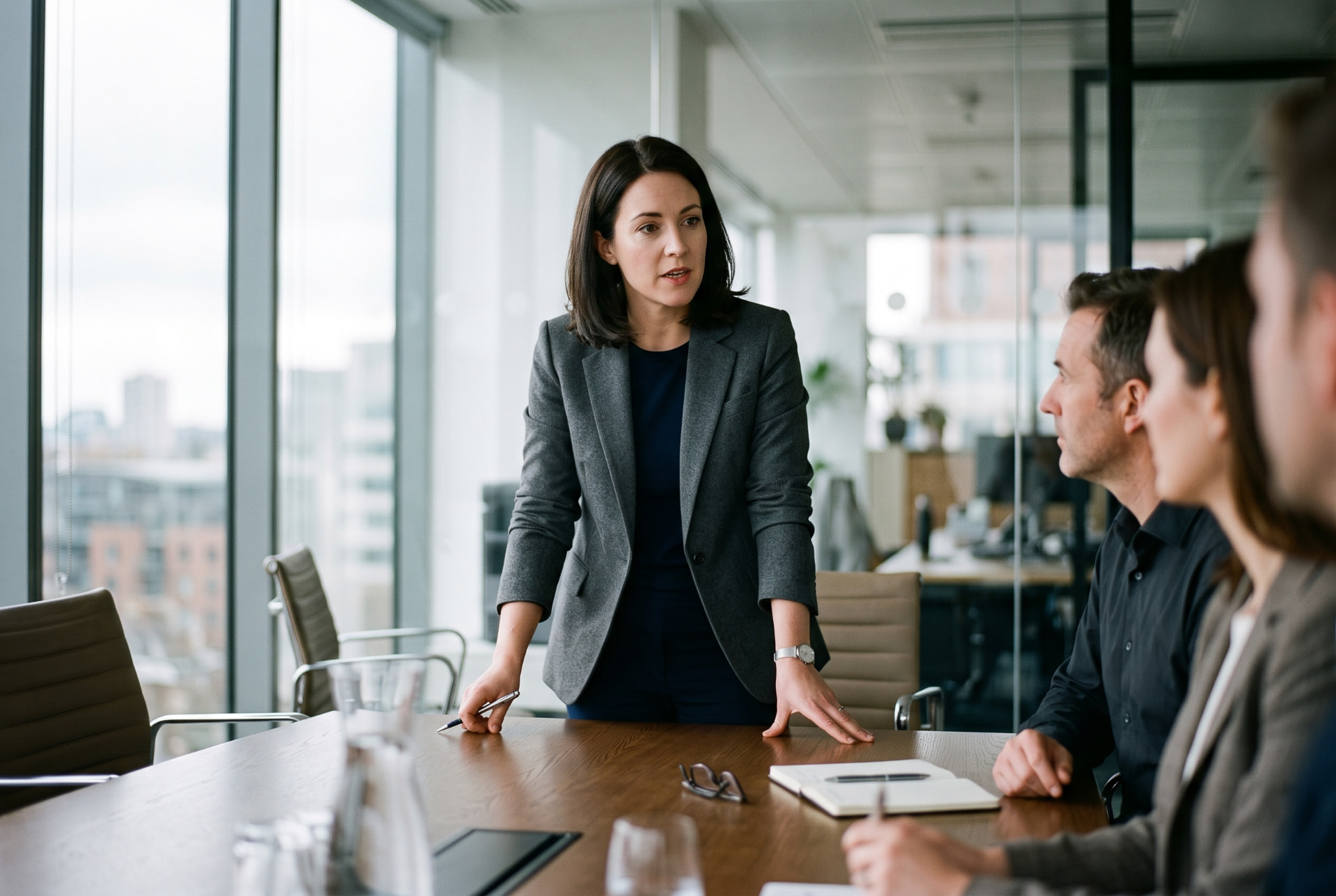 A senior leader standing at a boardroom table, speaking to her colleagues
